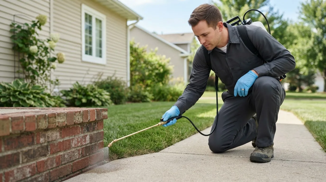 Pest control technician treating a home near Forsan, TX